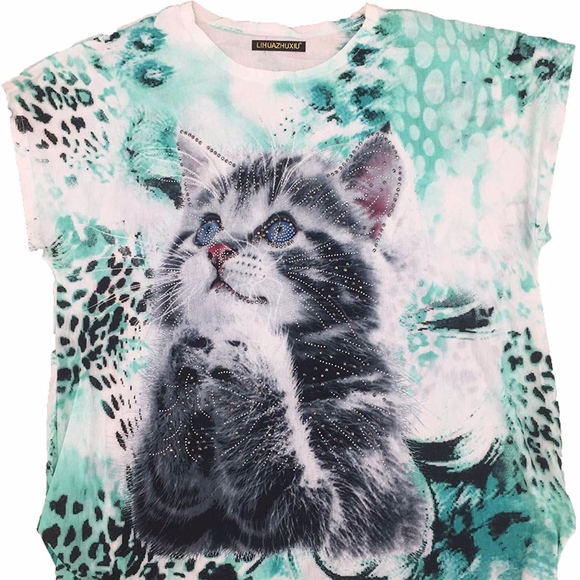 Tops - 4/$25 Funny Cat T-Shirt Green Kitty Tunic Top Shirt O/S